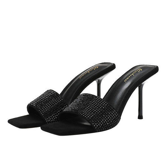 Square toe black rhinestone strap sandals stiletto high heel sandals for women