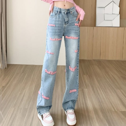 Women's Wide-leg Jeans Embroidered Letters Straight-leg Pants